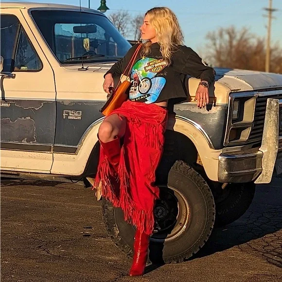 Red Suede Leather Wrap Maxi Skirt w/ Fringe - Size L - Picture 2 of 5